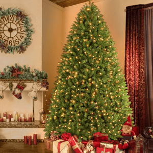 A 7.5-foot tall pre-lit Christmas tree with a full shape adorned with clear lights is surrounded by various wrapped gifts.