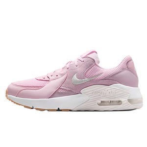 A pink and white Nike Air Max sneaker featuring a visible air unit in the sole, mesh and synthetic materials, and a silver Nike swoosh logo.