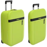 Two bright yellow suitcases with telescopic handles and wheels, labeled \“Rollink.\“ Each has a black horizontal stripe with a zippered pocket on the front.