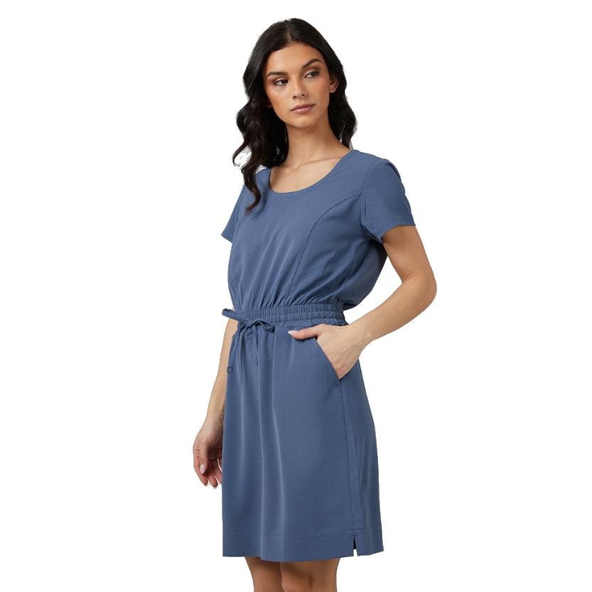 A woman is wearing a blue, short-sleeved dress with a round neckline and an elastic waistband with a drawstring, featuring pockets.