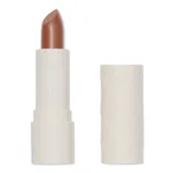 White lipstick tube with a raised pattern, featuring a nude-colored lipstick next to its detached cap.