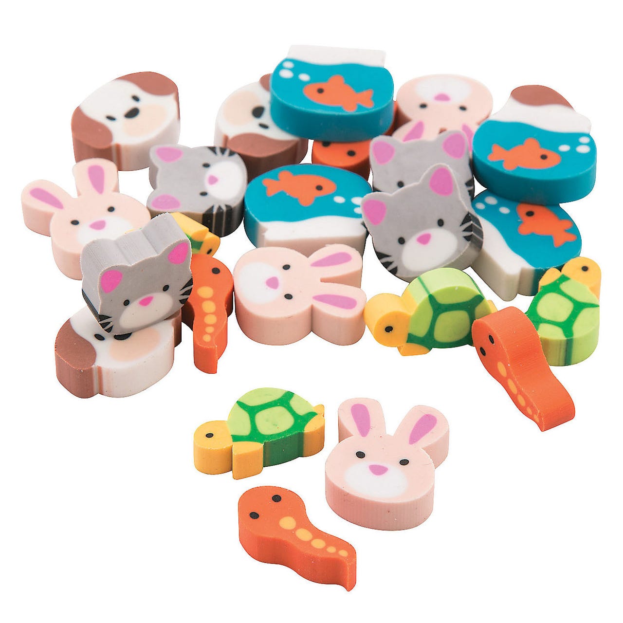 144 Easter-themed animal erasers featuring cute designs such as bunnies, cats, turtles, fish, and other animals, with vibrant colors and playful shapes.
