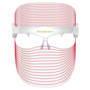 A Dermalactives LED facial mask featuring red light therapy for skincare, designed to be worn like a visor.