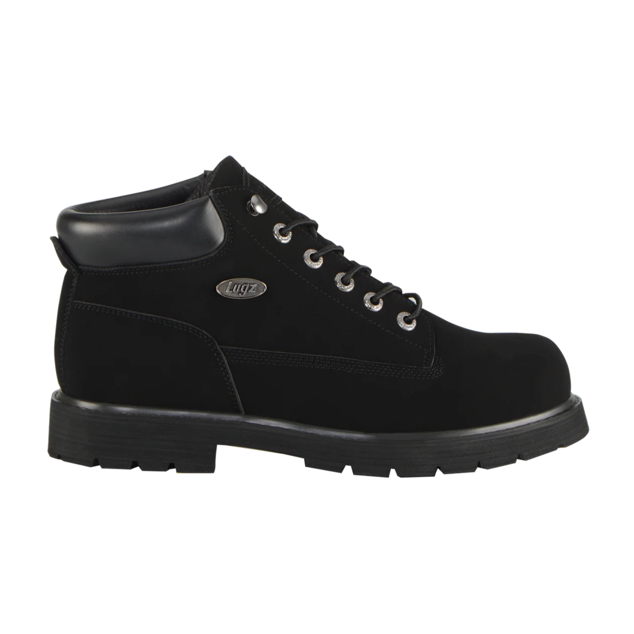 Black Lugz ankle boot with padded collar, metal eyelets, and rubber sole.