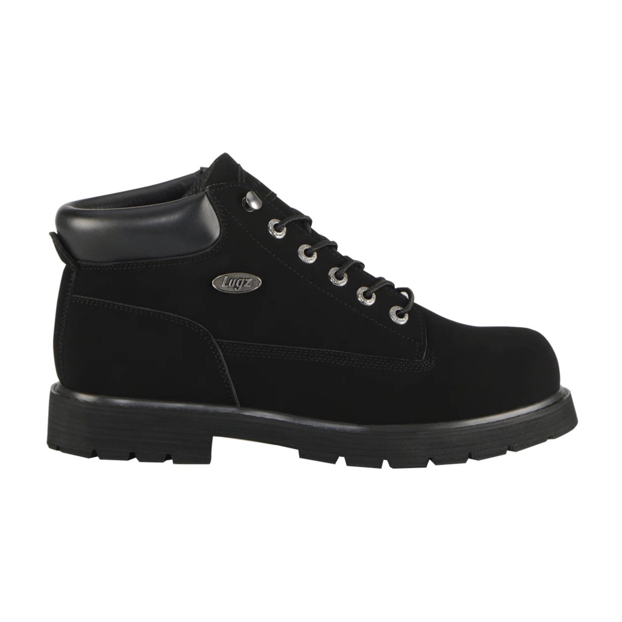 Black Lugz ankle boot with padded collar, metal eyelets, and rubber sole.