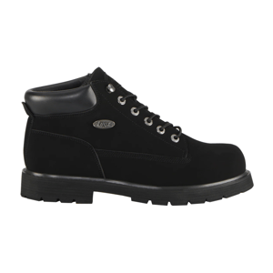 Black Lugz ankle boot with padded collar, metal eyelets, and rubber sole.