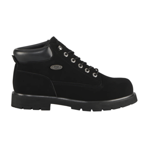 Black Lugz ankle boot with padded collar, metal eyelets, and rubber sole.