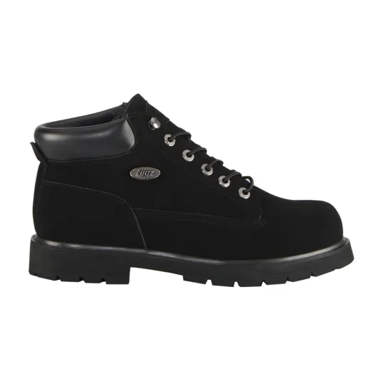 Black Lugz ankle boot with padded collar, metal eyelets, and rubber sole.