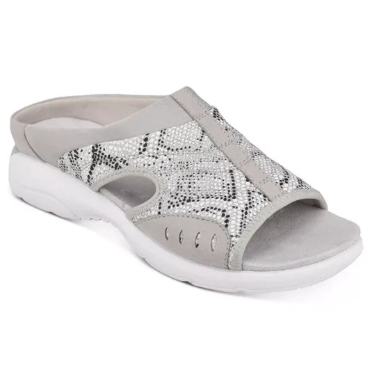 A light gray slip-on sandal with a white sole and open toe design, featuring a snakeskin pattern with metallic accents for casual wear.