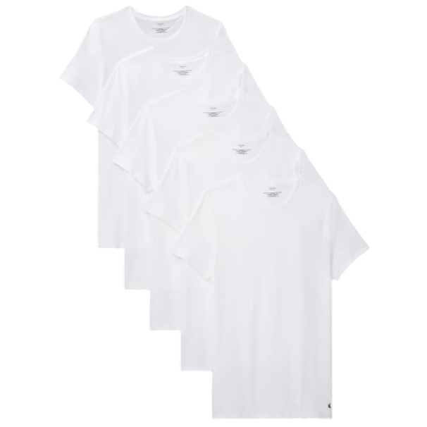 A set of five identical white crew-neck T-shirts arranged in a staggered layout against a plain background.