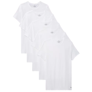 A set of five identical white crew-neck T-shirts arranged in a staggered layout against a plain background.