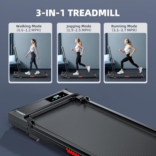 3-in-1 treadmill with modes for walking (0.6-1.2 MPH), jogging (1.9-2.5 MPH), and running (3.1-3.7 MPH).