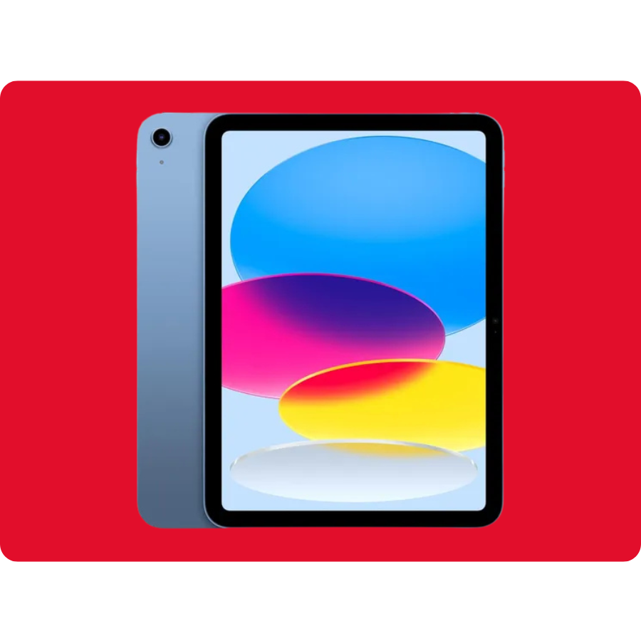 A tablet with a sleek design featuring a colorful display of blue, pink, and yellow circles against a red background.