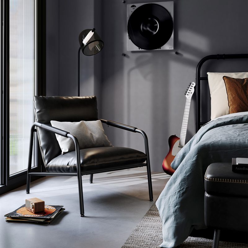 Modern furnished room featuring a black leather armchair, floor lamp, wall-mounted vinyl record player, electric guitar, and a bed with blue bedding.