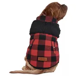 Dog wearing a red and black plaid coat with a black sherpa lining and two buttoned pockets, featuring a decorative patch.