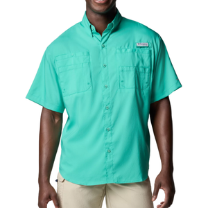 A turquoise, short-sleeve, button-up shirt with dual chest pockets and a small logo patch above the right pocket.