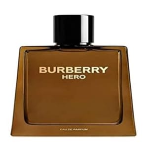 A bottle of Burberry Hero Eau de Parfum, featuring a sleek, angular brown design with a black cap and gold text detailing the name.