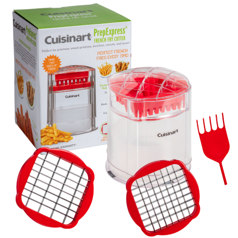 Cuisinart PrepExpress French Fry Cutter with interchangeable grid blades and a cleaning tool, designed for cutting potatoes and other vegetables into fries. Packaging is shown in the background.