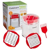 Cuisinart PrepExpress French Fry Cutter with interchangeable grid blades and a cleaning tool, designed for cutting potatoes and other vegetables into fries. Packaging is shown in the background.