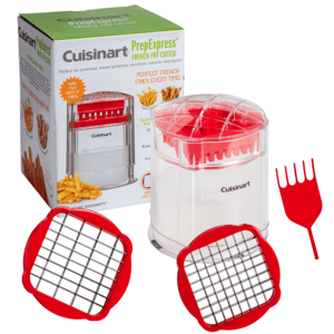Cuisinart PrepExpress French Fry Cutter with interchangeable grid blades and a cleaning tool, designed for cutting potatoes and other vegetables into fries. Packaging is shown in the background.