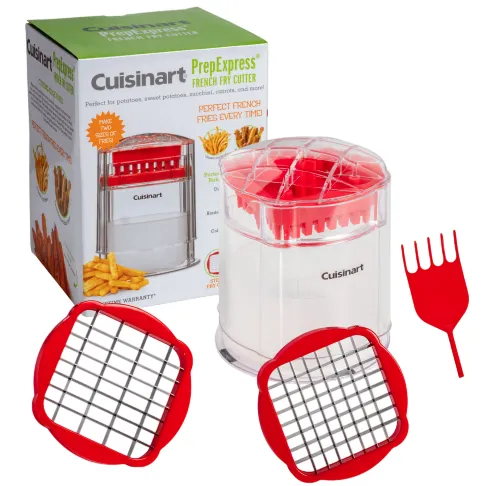Cuisinart PrepExpress French Fry Cutter with interchangeable grid blades and a cleaning tool, designed for cutting potatoes and other vegetables into fries. Packaging is shown in the background.