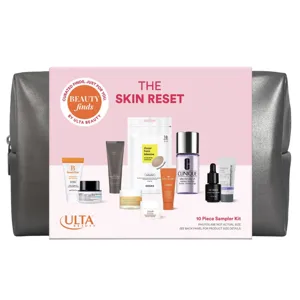 10-piece skincare sampler from Ulta Beauty includes BeautyStat, Belif, Dermalogica, fresh, Origins, Elemis, Dr. Loretta, COSRX, Clinique's makeup remover, and a serum. Comes with a metallic bag.