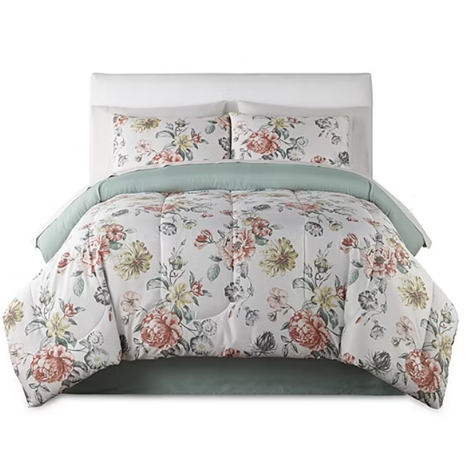 The Hudson & Main Ellie Garden Bedding Set features a floral pattern with red, yellow, and gray flowers on a white background, accompanied by a light green layer, including matching pillow shams.