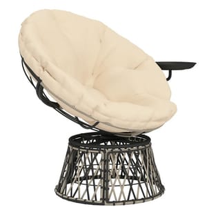 Outdoor Papasan chair with a cream-colored cushion, featuring a black wicker base and an attached side tray for convenience.