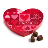 Heart-shaped box of Frango Mint Chocolates with a red and pink design featuring hearts and flowers, accompanied by three chocolate pieces.