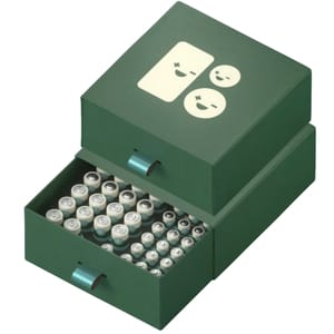 A green organizer case containing 92 cylindrical batteries is shown. The case has a pull-out drawer with a graphic of two faces on the lid.