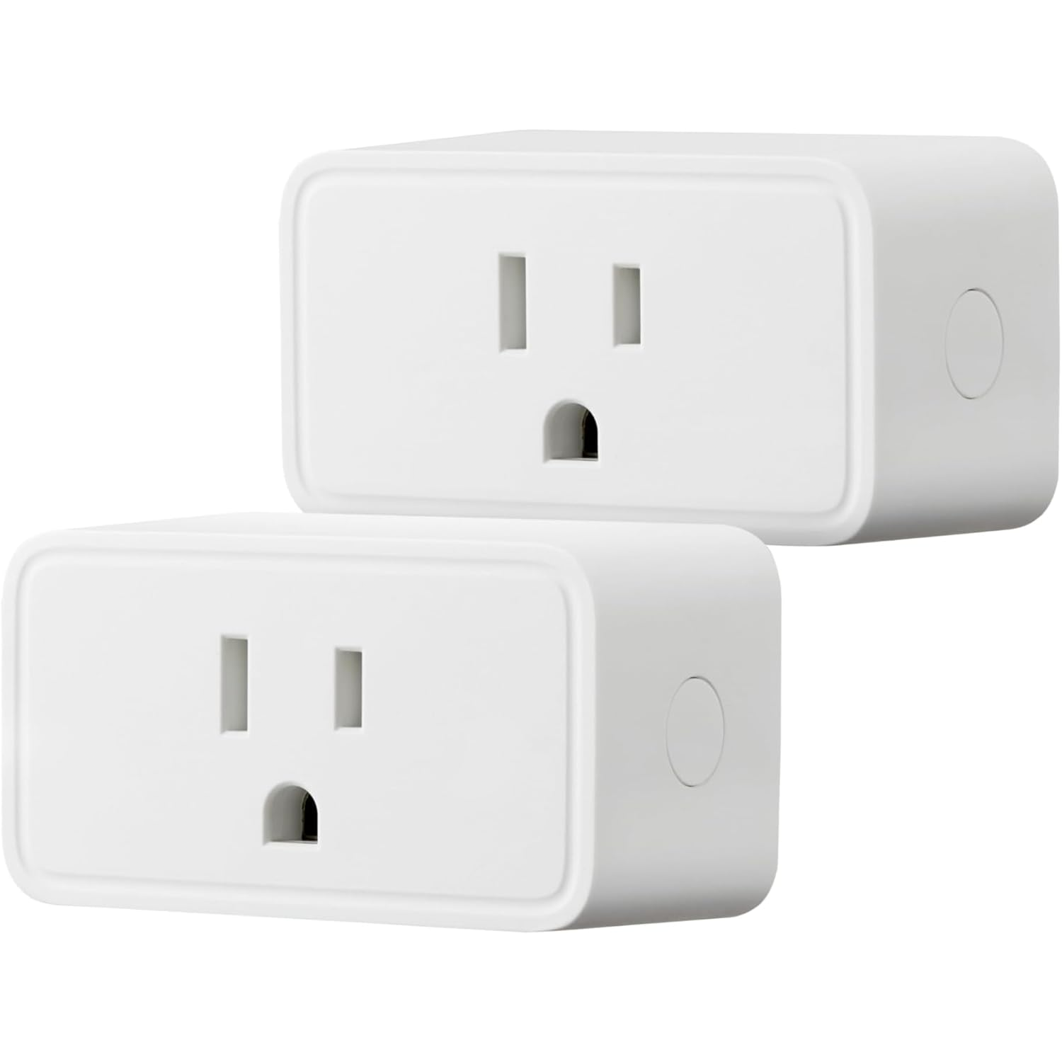 Two white rectangular smart plugs with three-prong outlets and a side button.