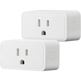 Two white rectangular smart plugs with three-prong outlets and a side button.
