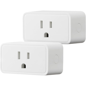 Two white rectangular smart plugs with three-prong outlets and a side button.