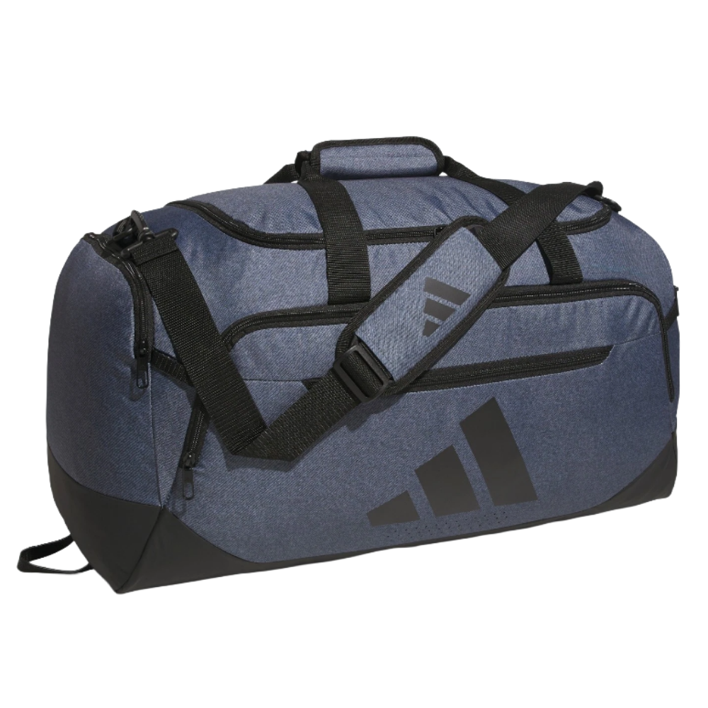 A blue and black duffel bag with a shoulder strap and multiple zippered compartments, featuring the Adidas logo.