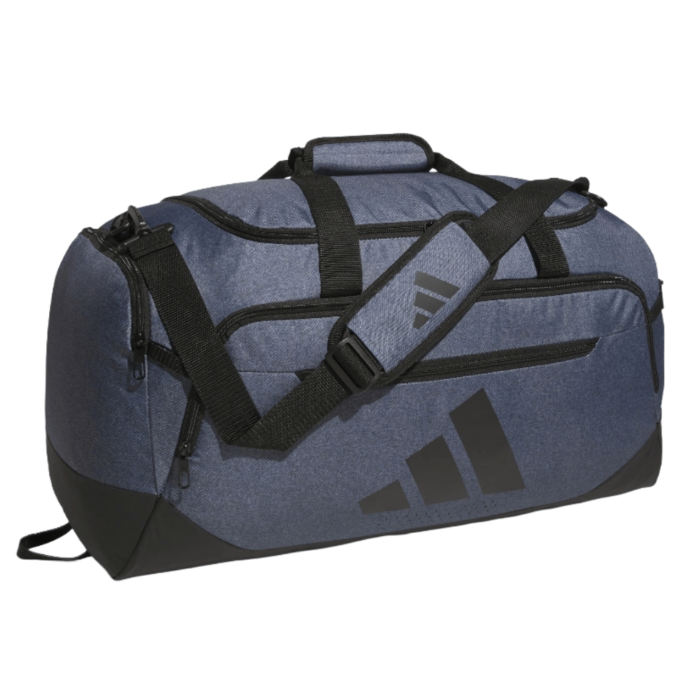 A blue and black duffel bag with a shoulder strap and multiple zippered compartments, featuring the Adidas logo.