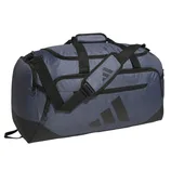 A blue and black duffel bag with a shoulder strap and multiple zippered compartments, featuring the Adidas logo.