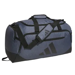 A blue and black duffel bag with a shoulder strap and multiple zippered compartments, featuring the Adidas logo.