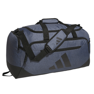 A blue and black duffel bag with a shoulder strap and multiple zippered compartments, featuring the Adidas logo.