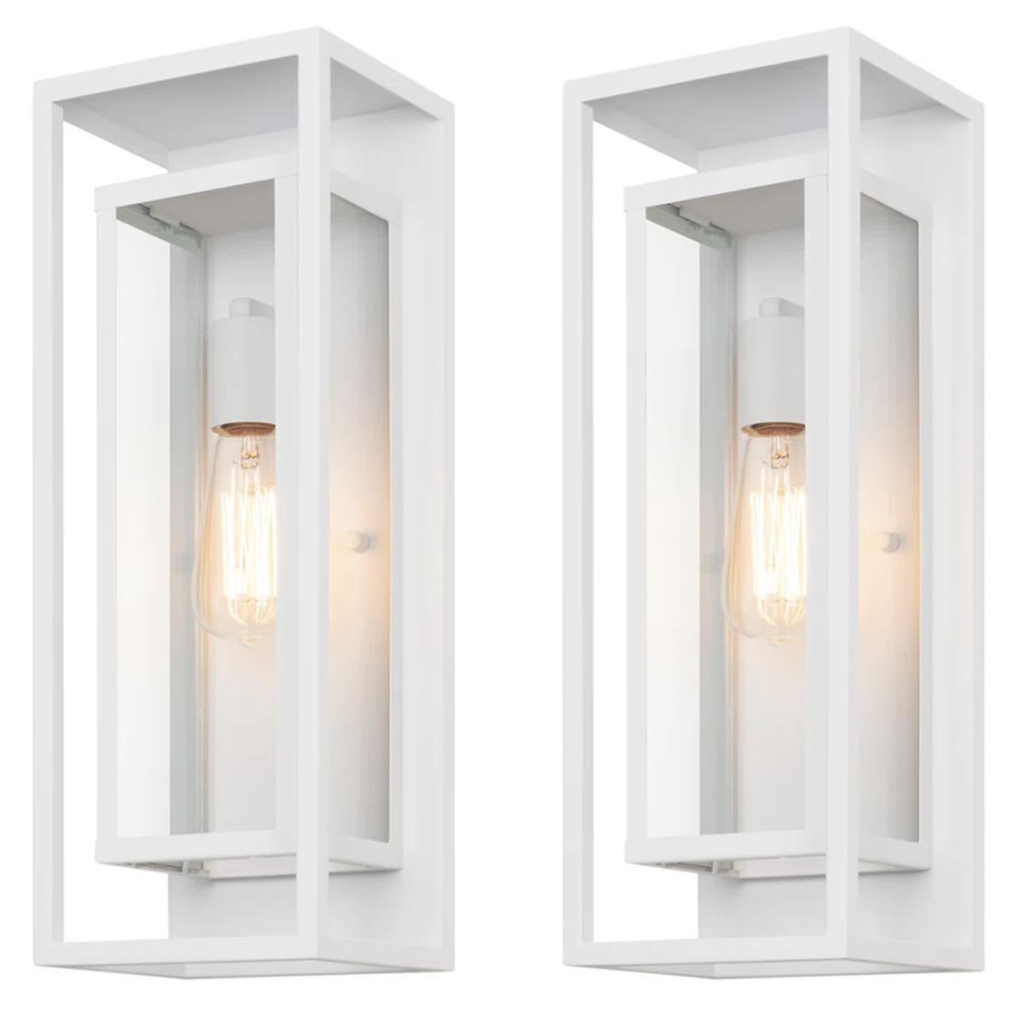 Two white rectangular wall lanterns, featuring clear glass enclosures and Edison-style bulbs for a contemporary, minimalist look.