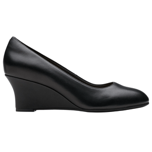 A black wedge pump featuring a closed toe and a medium-height wedge heel, designed with a smooth, matte finish.