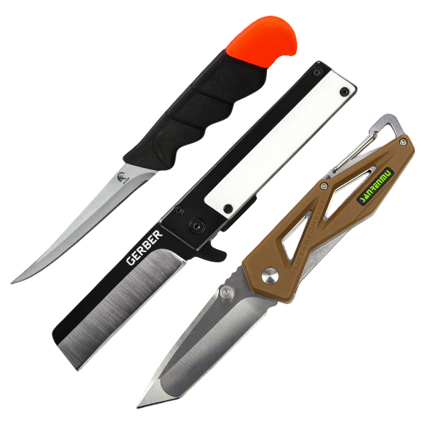 Three knives are displayed: a black-handled fillet knife with an orange tip, a straight-edged folding knife labeled \“Gerber,\“ and a tan-handled folding knife with a carabiner clip. This is a 3-pack set of knives.