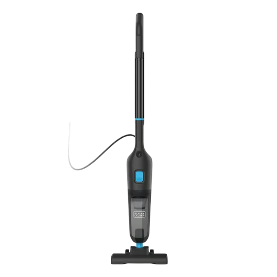 A black and blue corded stick vacuum cleaner with a sleek design and a detachable handheld component.