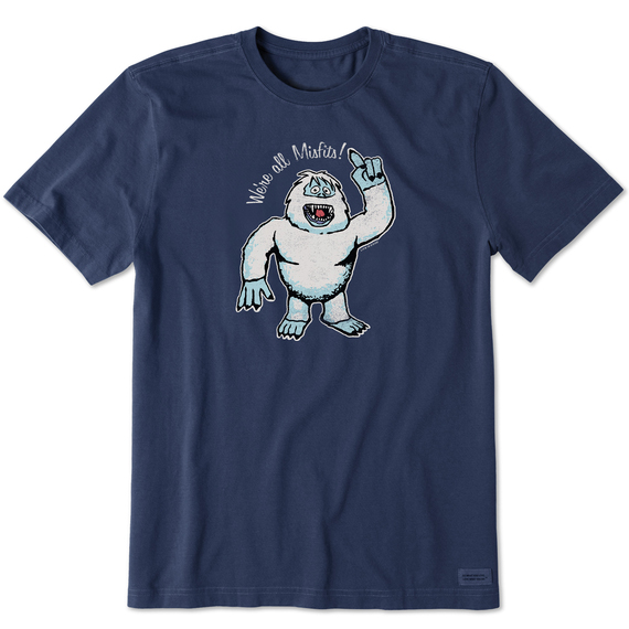 Navy blue T-shirt featuring a cartoonish white Yeti character with the text \“We're all Misfits!\“ above.