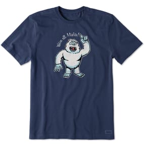 Navy blue T-shirt featuring a cartoonish white Yeti character with the text \“We're all Misfits!\“ above.