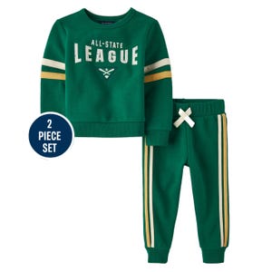 Green two-piece children's athletic outfit featuring a sweatshirt with \“All-State League\“ text and striped sleeves, paired with matching pants with side stripes and a drawstring waist.