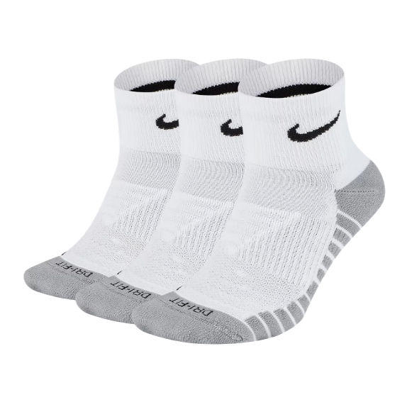 Three white and gray athletic ankle socks with a black swoosh logo, designed for left and right differentiation.