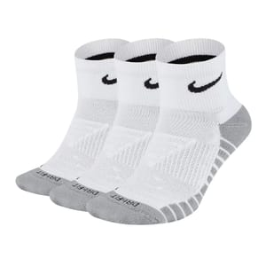 Three white and gray athletic ankle socks with a black swoosh logo, designed for left and right differentiation.