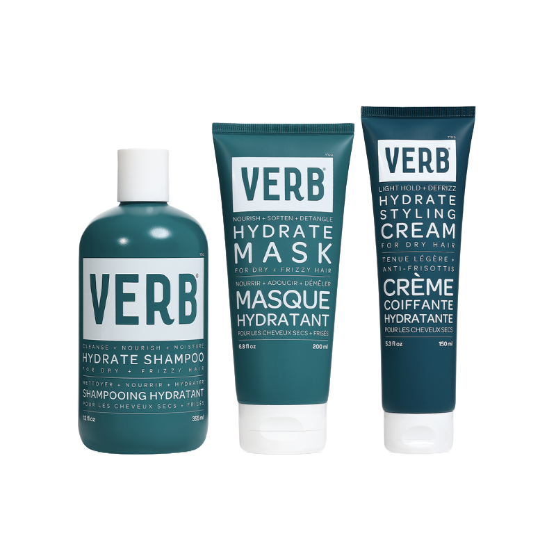 Three Verb hair care products are shown: Hydrate Shampoo, Hydrate Mask, and Hydrate Styling Cream, each in teal-colored packaging with white text.