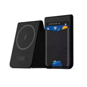 A MagSafe Tracking Wallet with wireless charging capability, featuring a cardholder section that displays cards, compatible with Apple Find My for tracking.