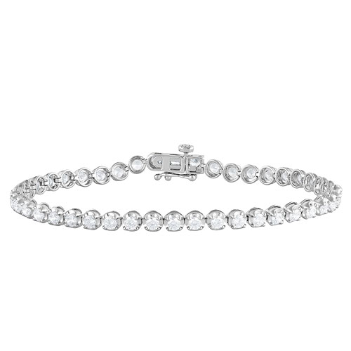 Silver bracelet featuring a line of round, clear gemstones set in a delicate, clasped chain.